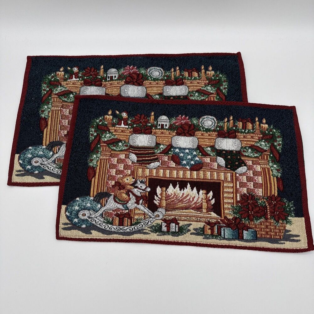 Vintage Christmas Tapestry Placemats Set Of 2 Holiday Fireplace Festive